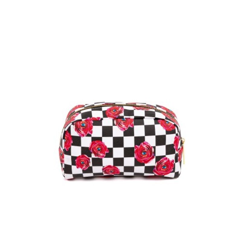 Toiletpaper Kosmetiktasche mit Schachbrettmuster und Rosen, ideal für Make-up und Reiseutensilien.